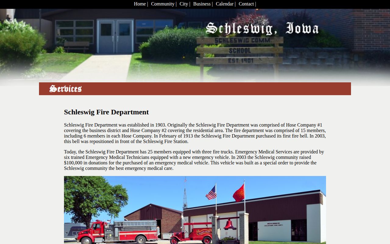 Official Schleswig Iowa services page describing Crawford County Sheriff arrest patrol coverage