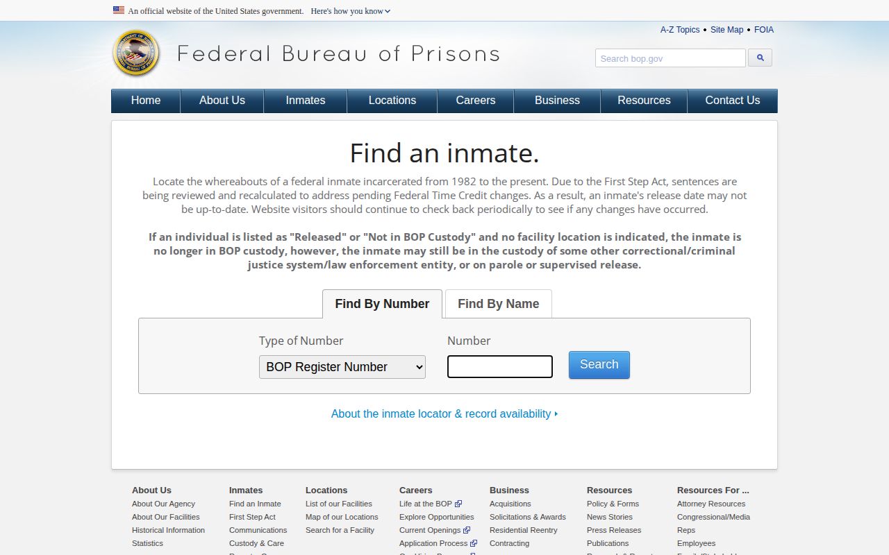 Crawford County arrest research showing the federal inmate locator search screen