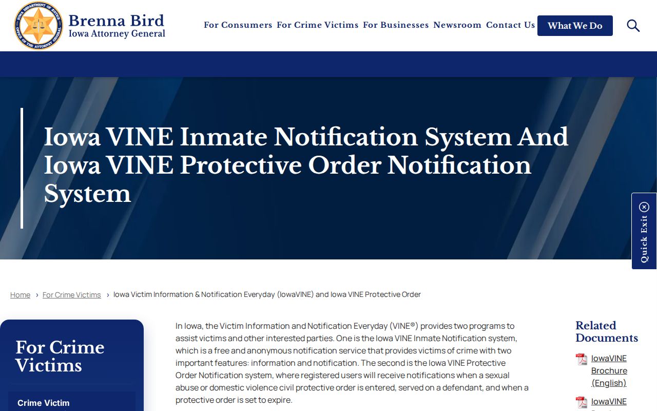 Iowa Attorney General webpage explaining IowaVINE custody notifications