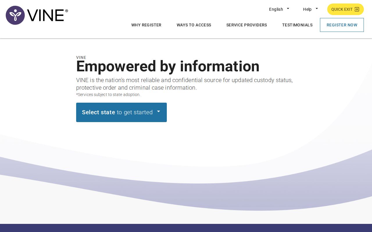 VINELink website interface for selecting a state and beginning a custody search